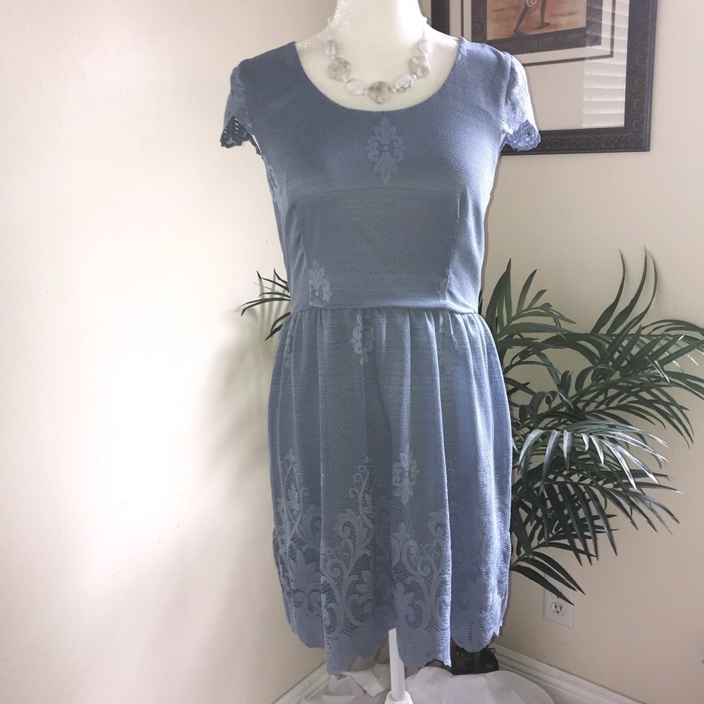 Love Fire Lace Mesh Short Cap Sleeve Women’s Dress M Blue*